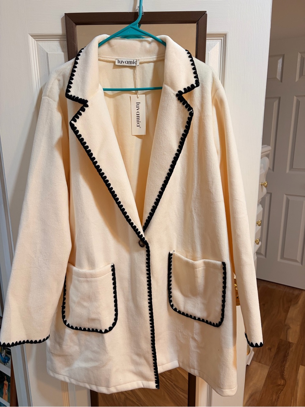 Luvamia Cream Contrast-Trim Relaxed Blazer Jacket